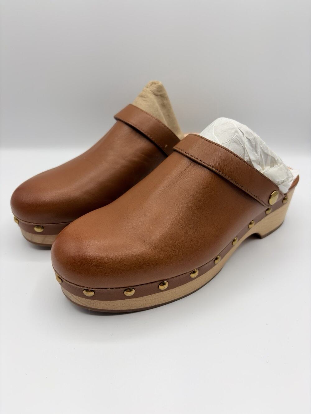 J.Crew Grace Convertible Leather Clogs Wooden Sole Studded Brown 7.5 Excellent